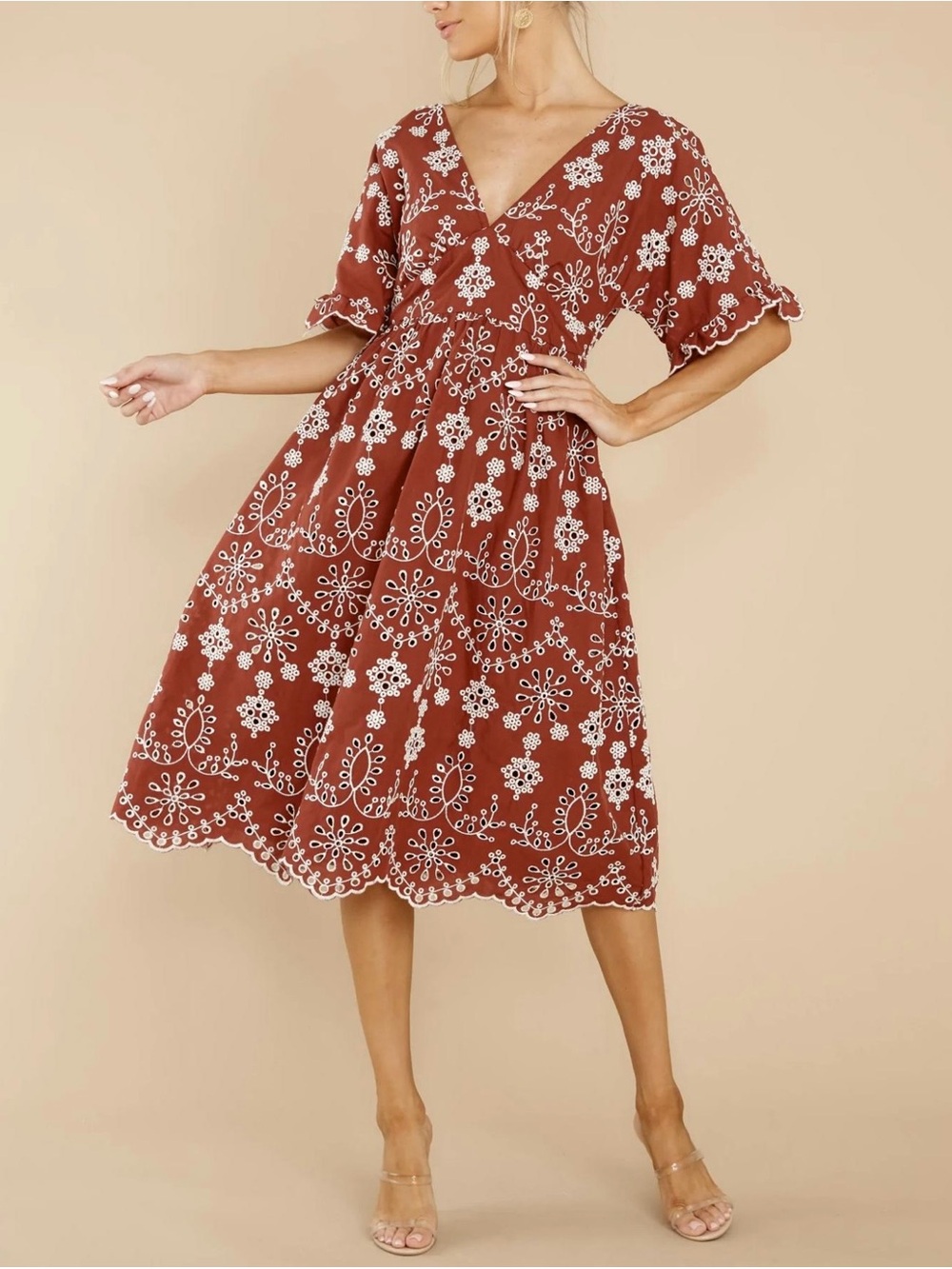 BB Dakota x Steve Madden Rust Eyelet Midi Dress Size M  100%cotton